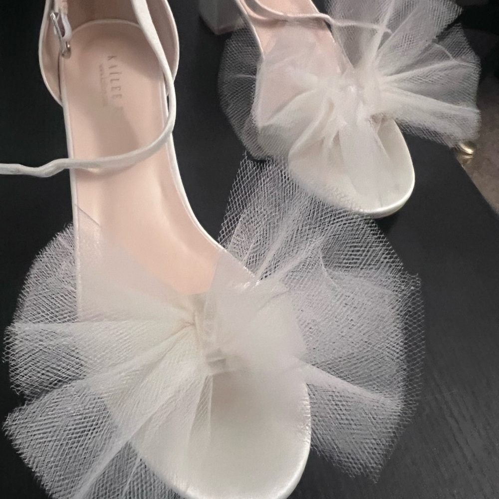 Brand New Satin Block Heel Sandal with Front Oversized Tulle Bow
